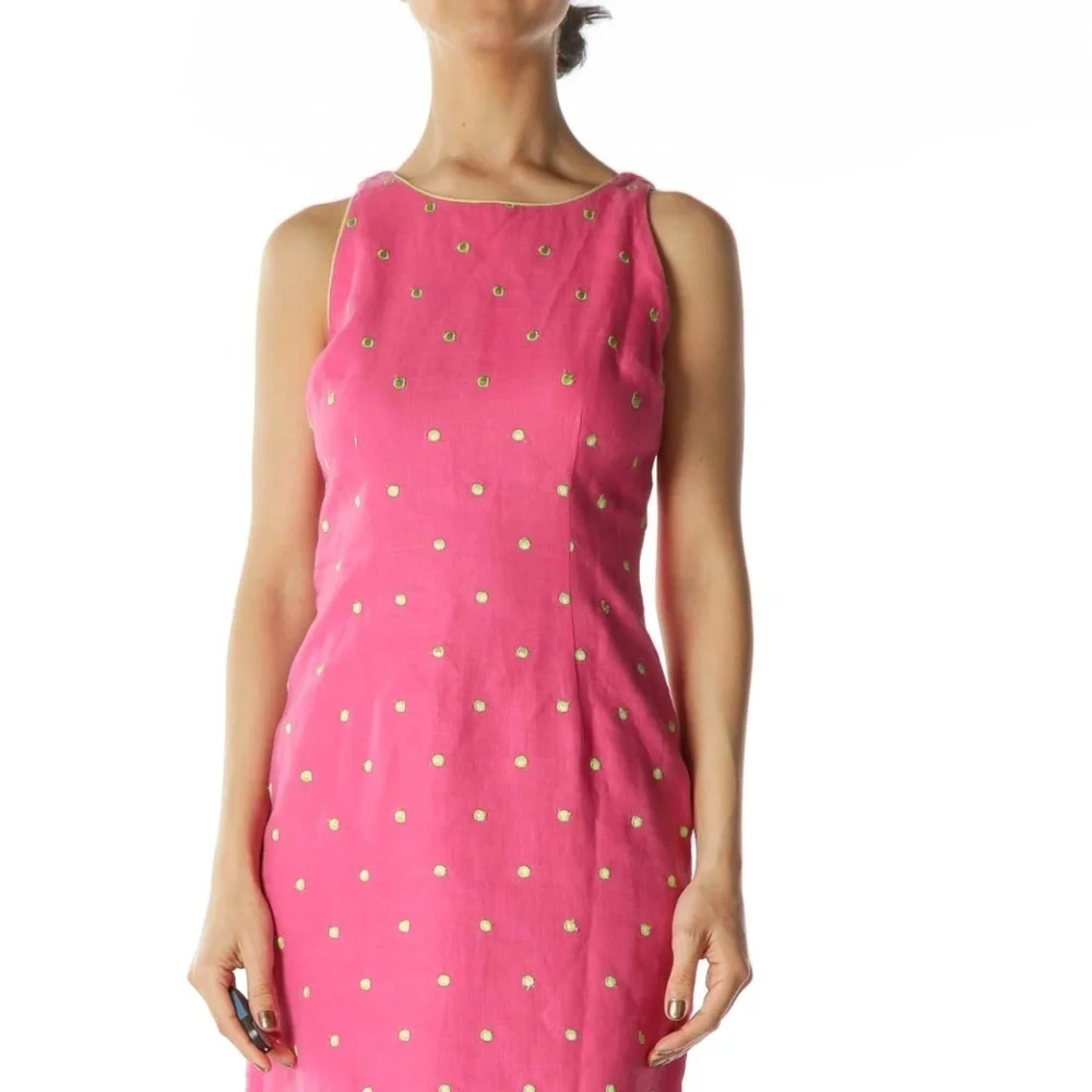 Althuser Pink/Green 100% Linen Embroidered-Polka Dots Dress - Picture 4 of 4